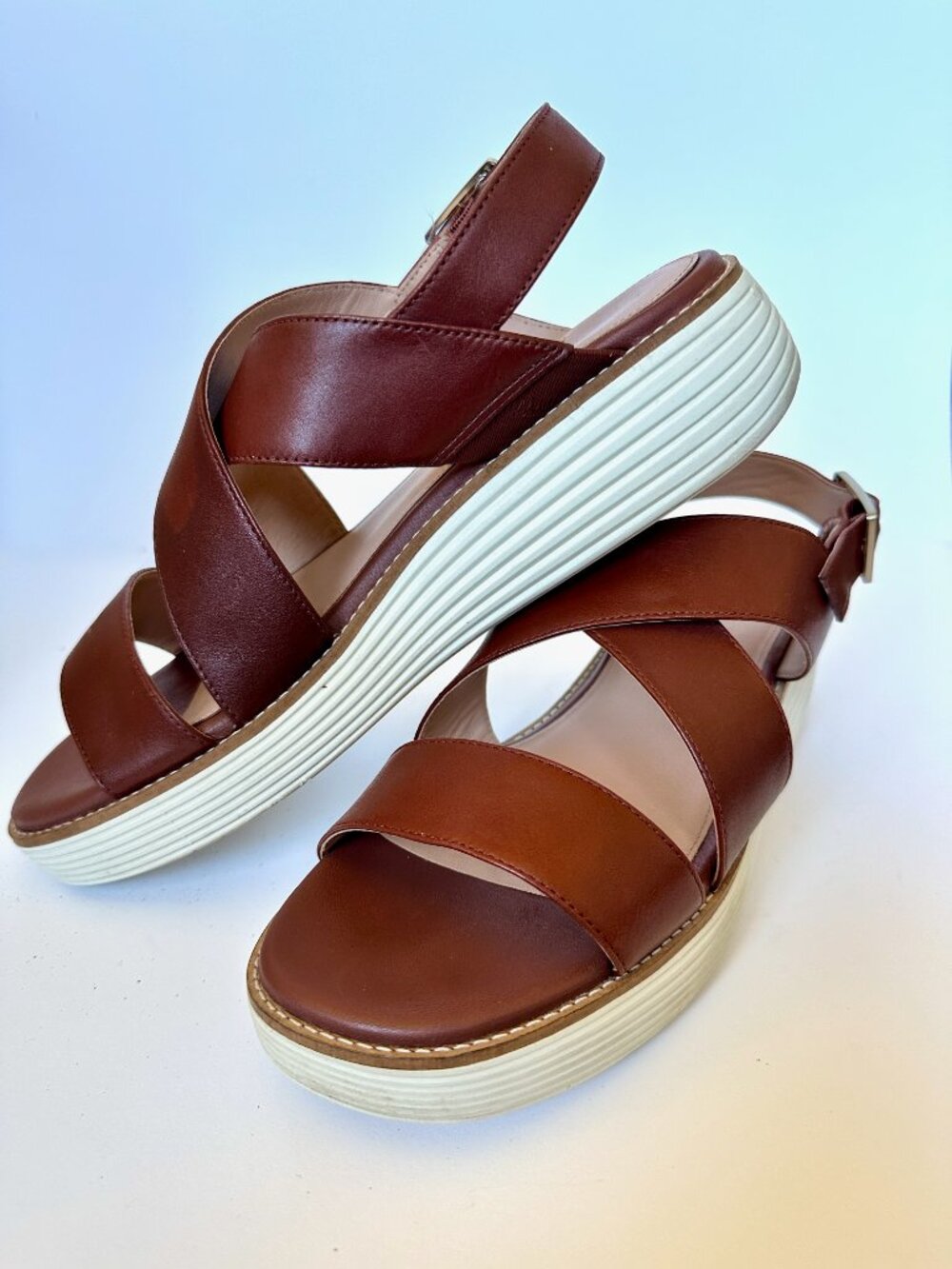 Cole Haan Cognac Leather Platform Sandals Size 9.5 Strappy Comfort Sandals